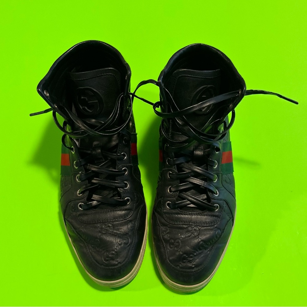 Gucci GG Black Leather Web High Top Sneakers Size 7.5G - Picture 2 of 6